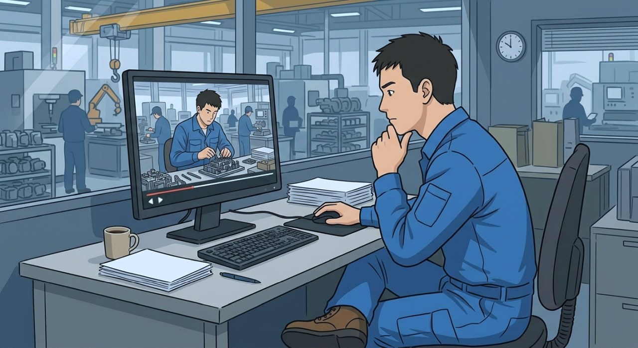 自分の作業の様子をカメラで振り返っている人のイメージ